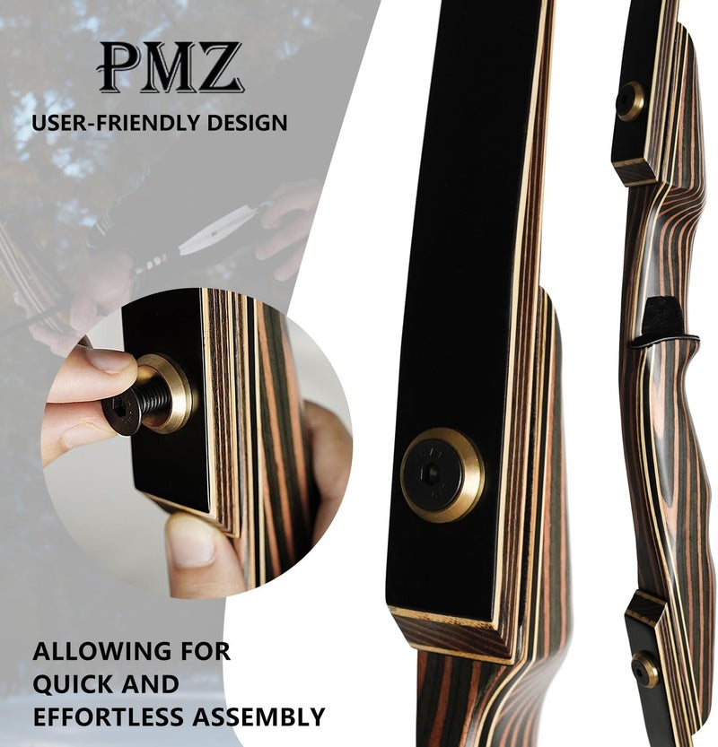 PMZ Archery Longbow, 65'' Wooden Takedown Professional Longbow for Hunting, Right Hand Traditional Bow for Adults Beginners to Advanced Outdoor Practice - Image 3